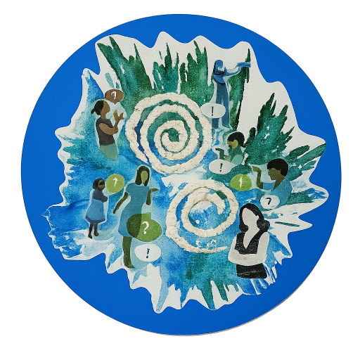 Watercolor illustration of figures gathered around spirals, symbolizing shared questions and reflections along the Alzheimer's path