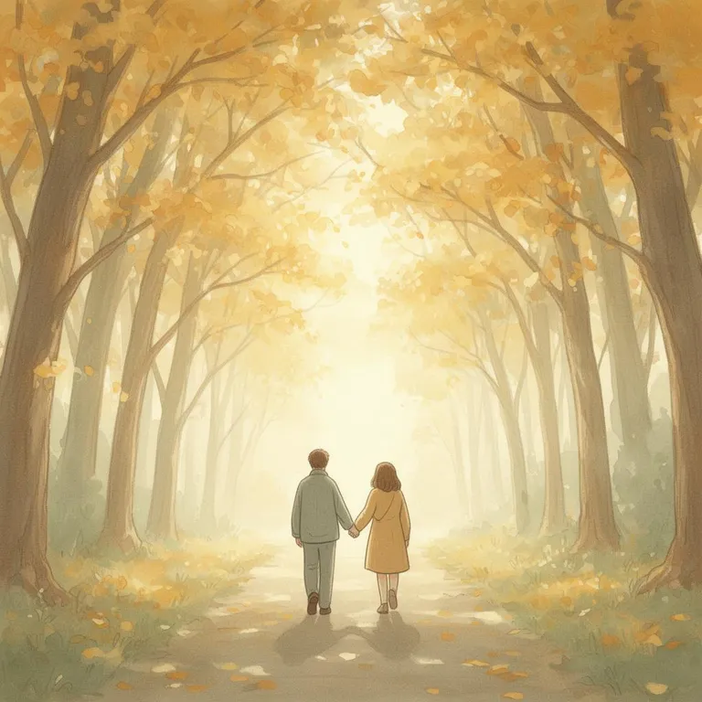An elderly couple walking hand in hand down a sunlit, tree-lined autumn path — a quiet image of companionship and enduring love through life's later seasons.
